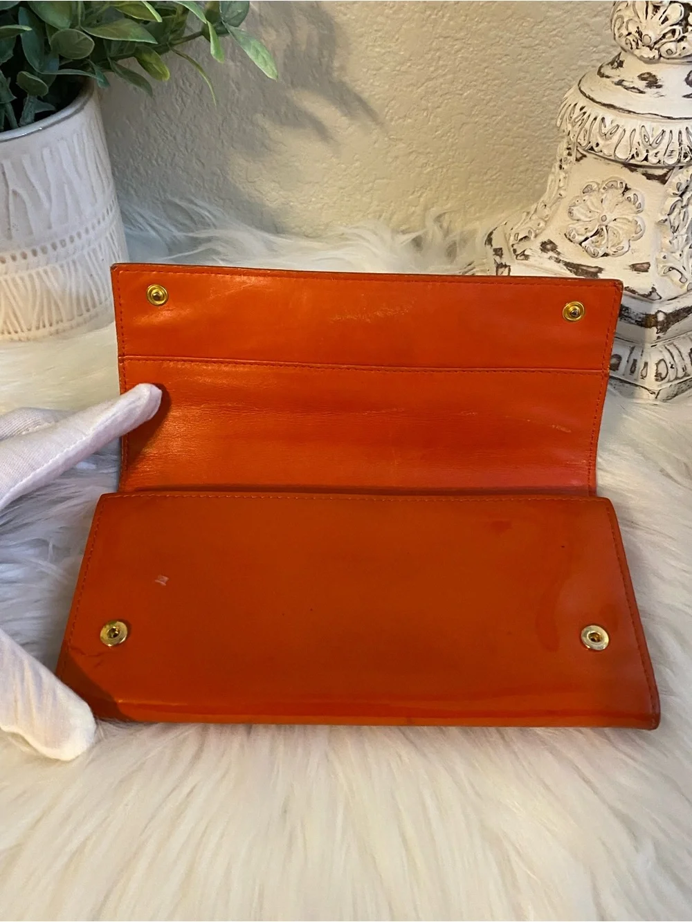 Miu Miu Patent Leather Bow Accent Long Wallet — Orange